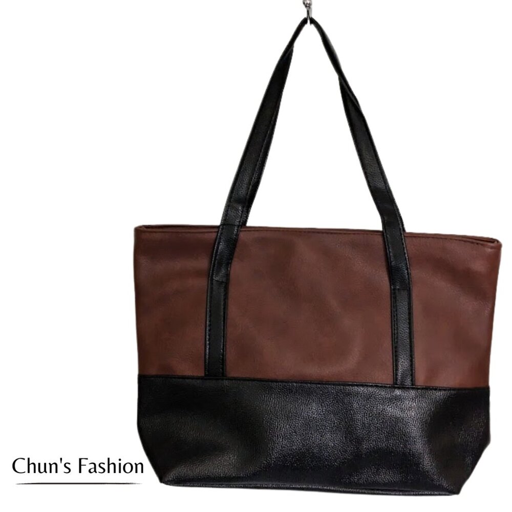 Women's Black & Brown Vegan Faux Leather Shoulder Tote Bag NWT